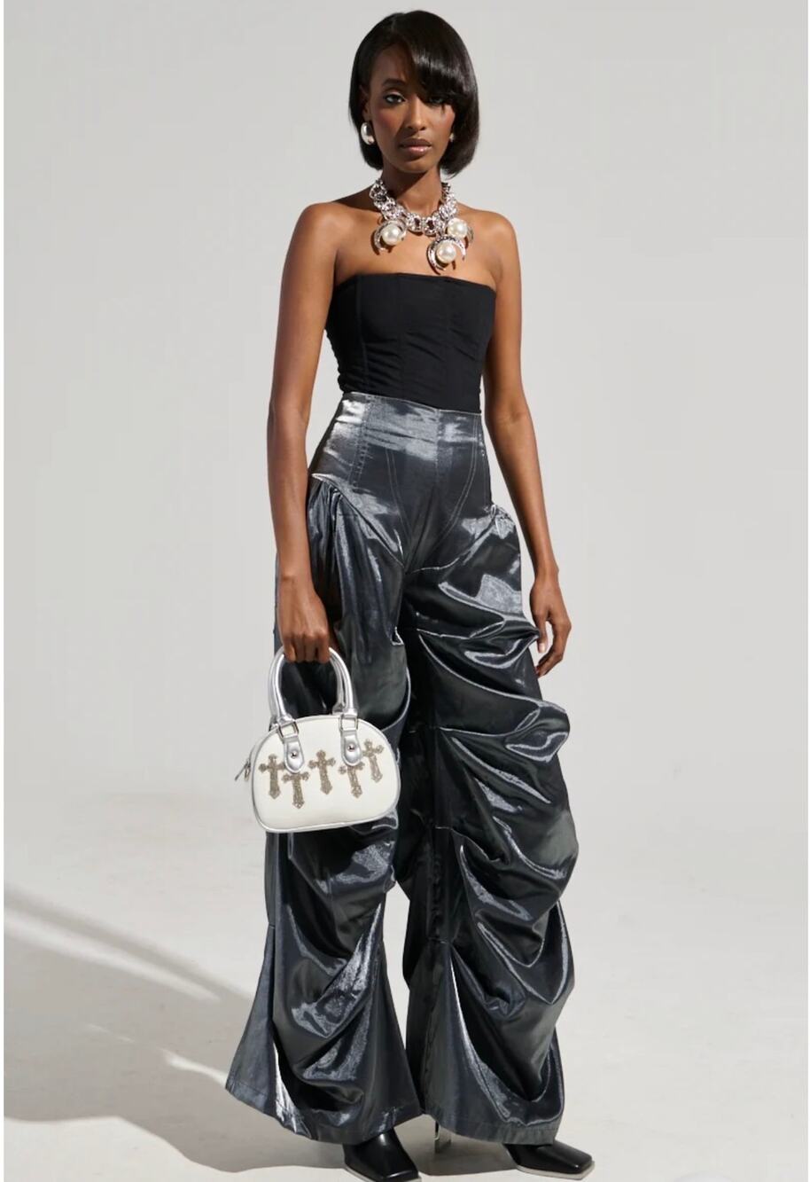 AKIRA Metallic Grey Pants Baggy Rusched Lace Up  Futuristic Rave Festival Size M